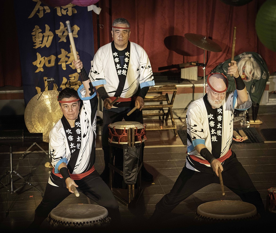 The Fubuki Daiko Japanese Taiko Drummers perform in Paradise. (Tracy Scott/Valley Press)