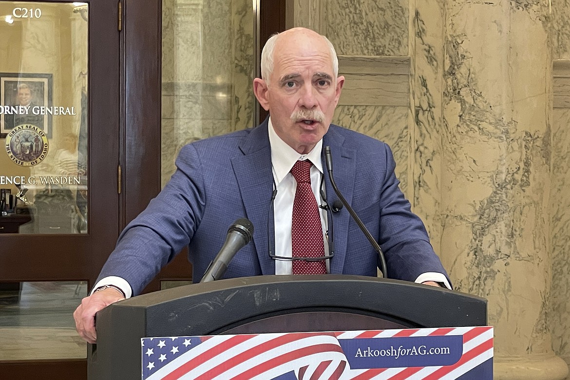 Democratic candidate for Idaho attorney general, Tom Arkoosh, addresses supporters at the Statehouse in Boise, Idaho, on Tuesday. Some 50 longtime Idaho Republicans, including a former governor and dozens of other past and current officeholders, endorsed Arkoosh for attorney general in November's election.