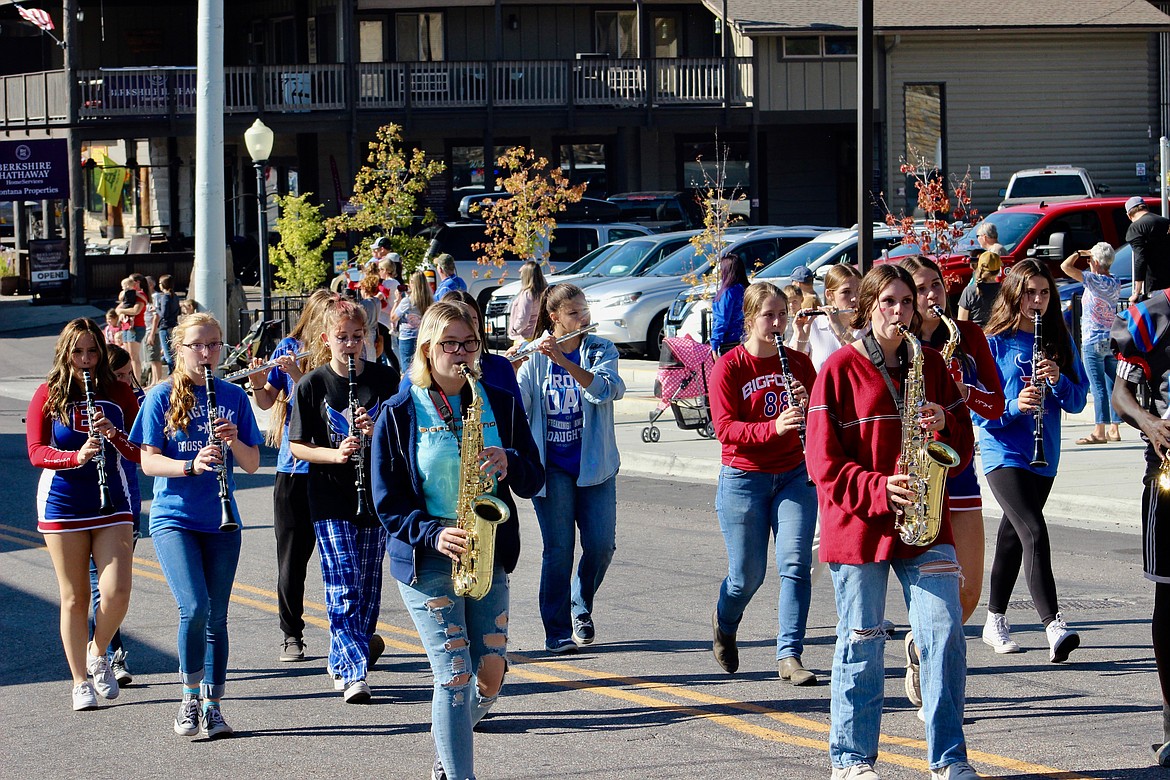 Bigfork High's band leads the way at Friday's homecoming parade. (Taylor Inman/Bigfork Eagle)