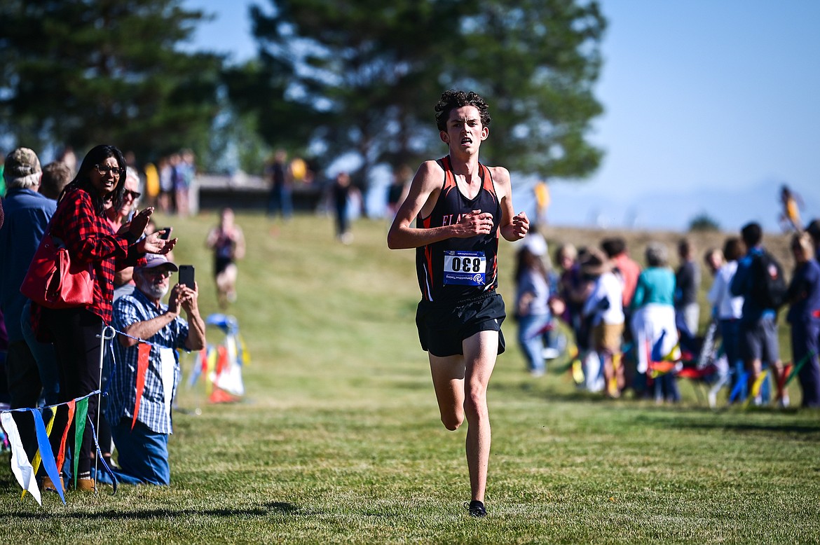 Flathead's Bauer Hollman heads to the finish line in first place during the Glacier Invite at Rebecca Farm on Wednesday, Oct. 12. (Casey Kreider/Daily Inter Lake)