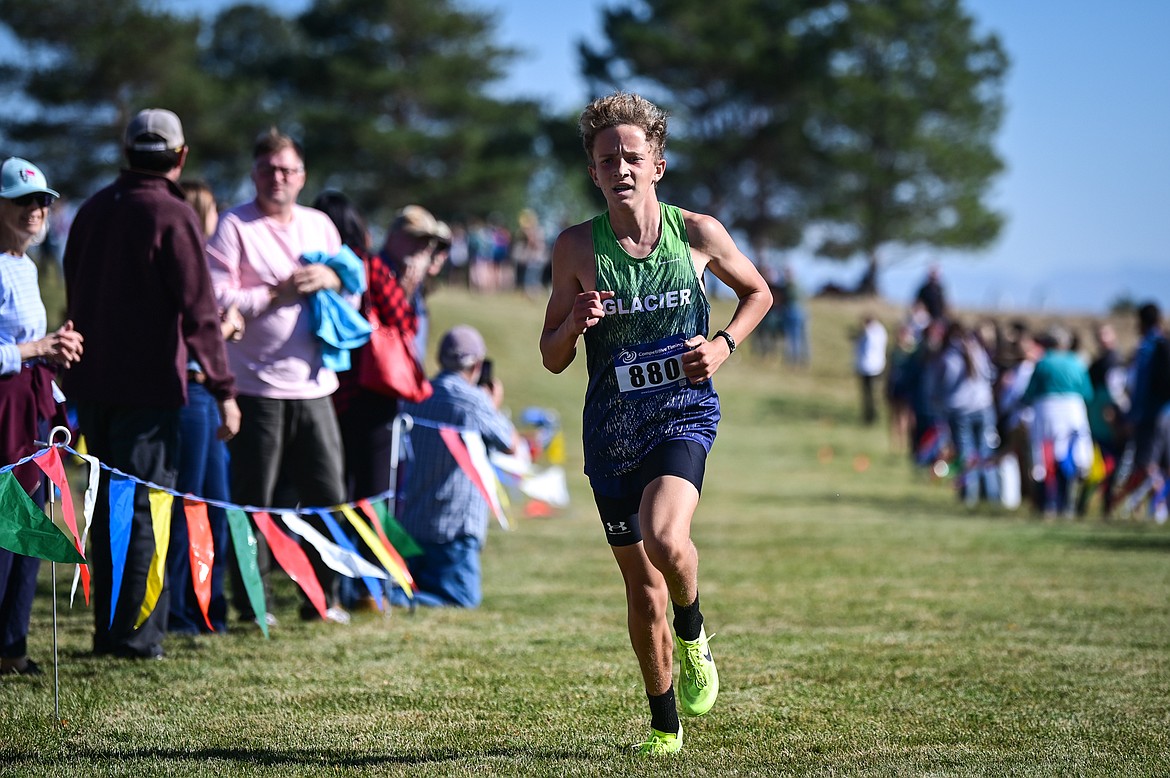 Glacier's Owen Thiel heads to the finish line in sixth place during the Glacier Invite at Rebecca Farm on Wednesday, Oct. 12. (Casey Kreider/Daily Inter Lake)