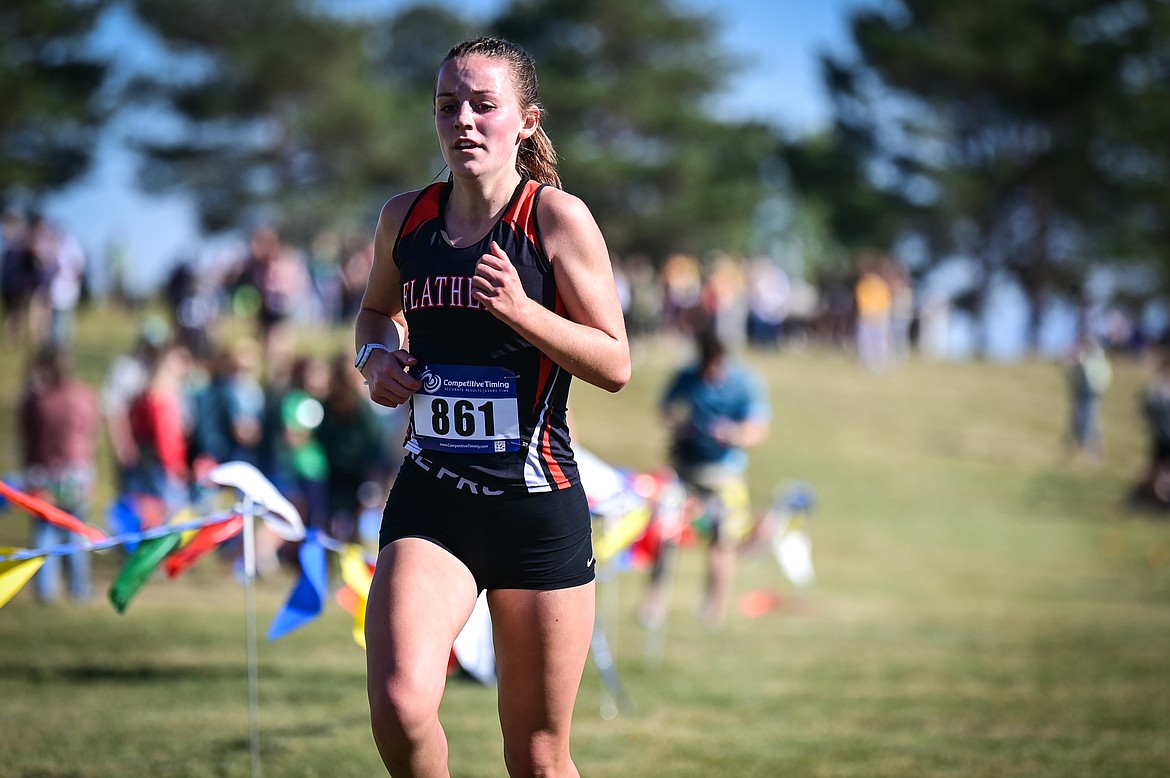 Flathead's Lilli Rumsey Eash heads to the finish line in first place during the Glacier Invite at Rebecca Farm on Wednesday, Oct. 12. (Casey Kreider/Daily Inter Lake)