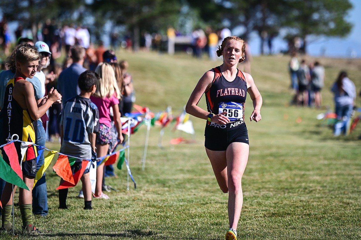 Flathead's Madelaine Jellison heads to the finish line in second place during the Glacier Invite at Rebecca Farm on Wednesday, Oct. 12. (Casey Kreider/Daily Inter Lake)