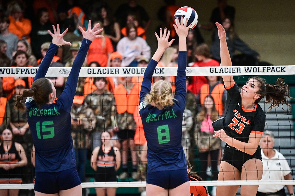 Flathead's Sienna Sterck (23) goes up for a kill against Glacier at Glacier High School on Thursday, Oct. 13. (Casey Kreider/Daily Inter Lake)