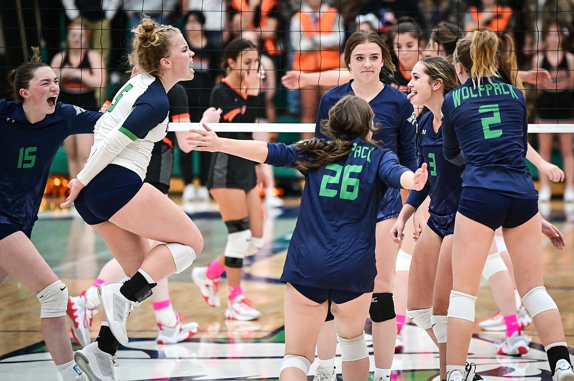 Glacier celebrates after scoring a point against Flathead during crosstown volleyball at Glacier High School on Thursday, Oct. 13. (Casey Kreider/Daily Inter Lake)