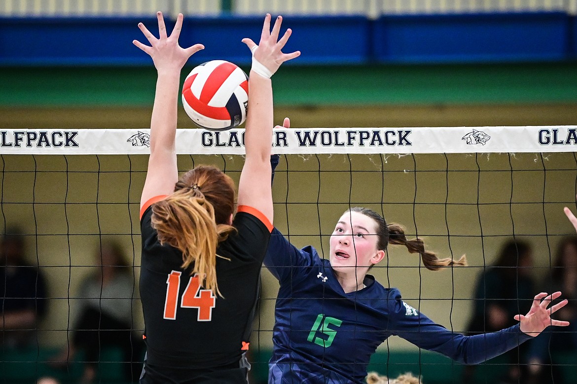 Glacier's Ella Farrell (15) goes up for a kill against Flathead at Glacier High School on Thursday, Oct. 13. (Casey Kreider/Daily Inter Lake)