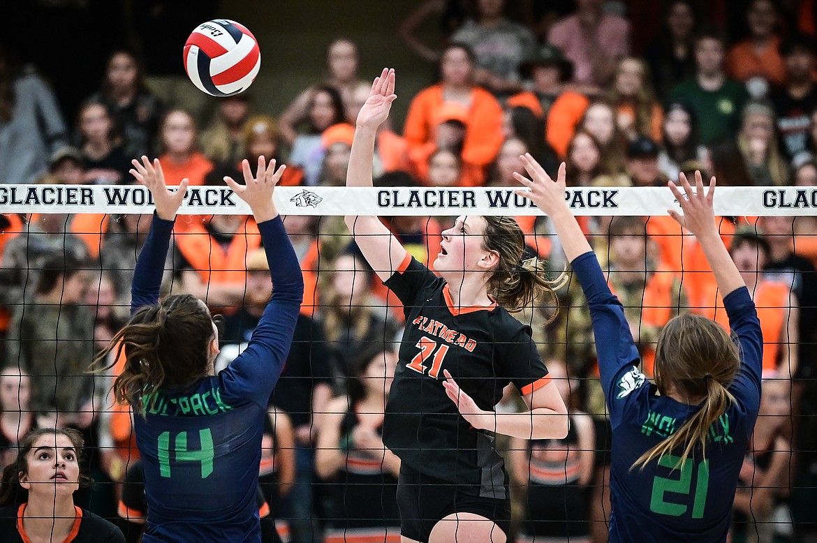 Flathead's Emma Eve (21) goes up for a kill against Glacier at Glacier High School on Thursday, Oct. 13. (Casey Kreider/Daily Inter Lake)