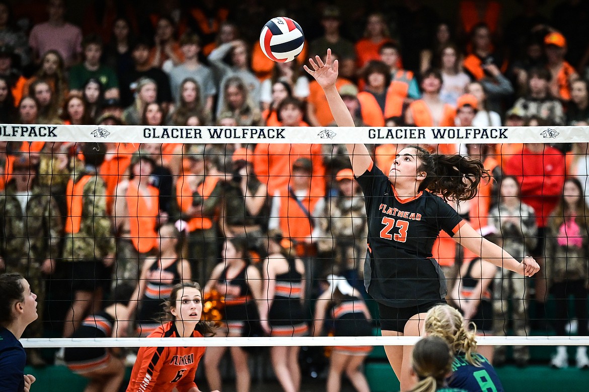 Flathead's Sienna Sterck (23) goes up for a kill against Glacier at Glacier High School on Thursday, Oct. 13. (Casey Kreider/Daily Inter Lake)