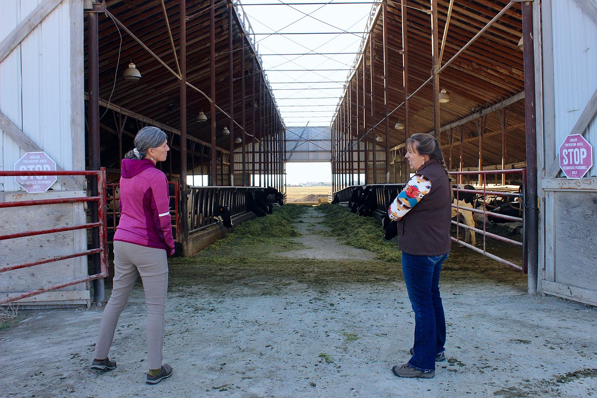 U.S. House District 1 candidate Democrat Monica Tranel speaks with Kalispell Kreamery owner Mary Tuck Thursday at the creamery. (Taylor Inman/ Daily Inter Lake)