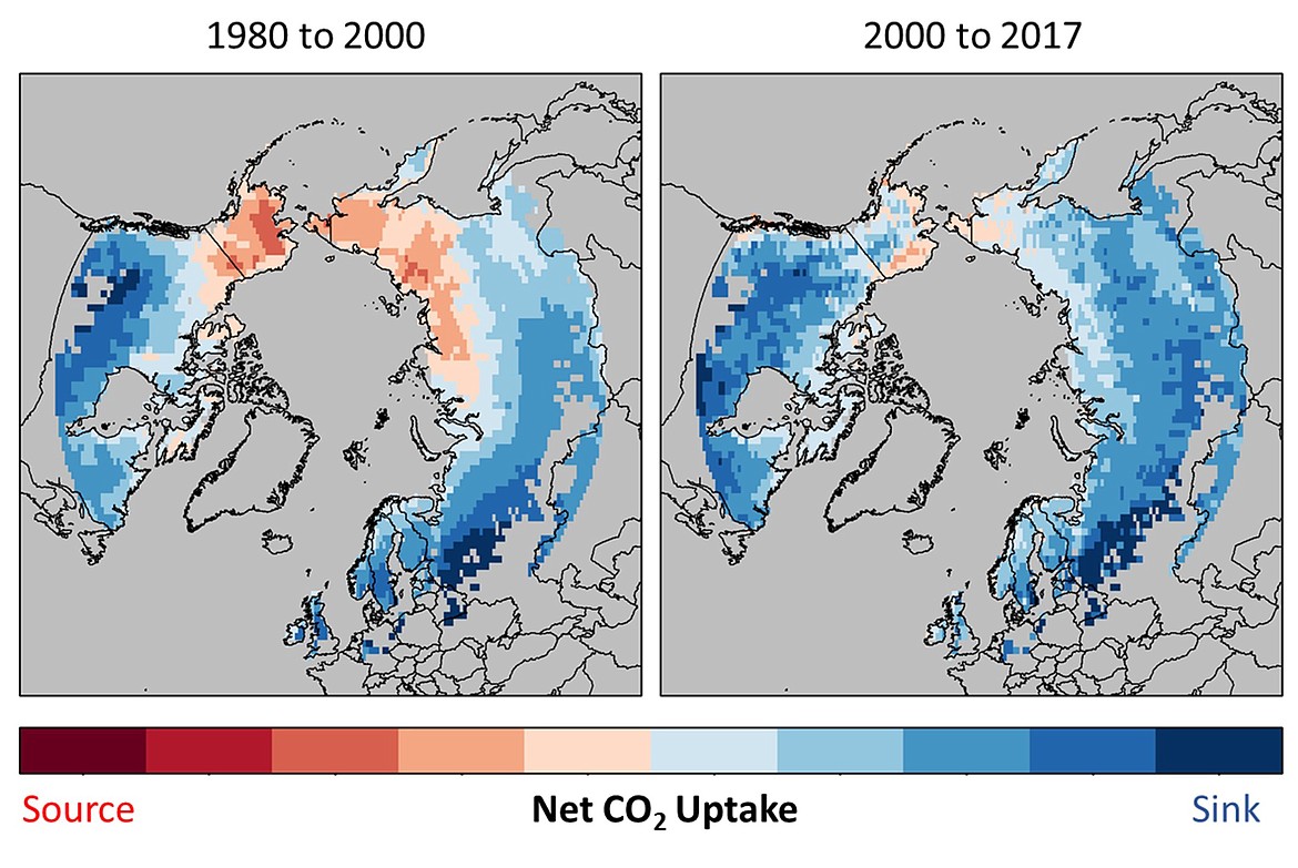 This image illustrates contrasting patterns of ecosystem annual net CO2 uptake between early (1980-2000) and later (2001-2017) periods in the study record.