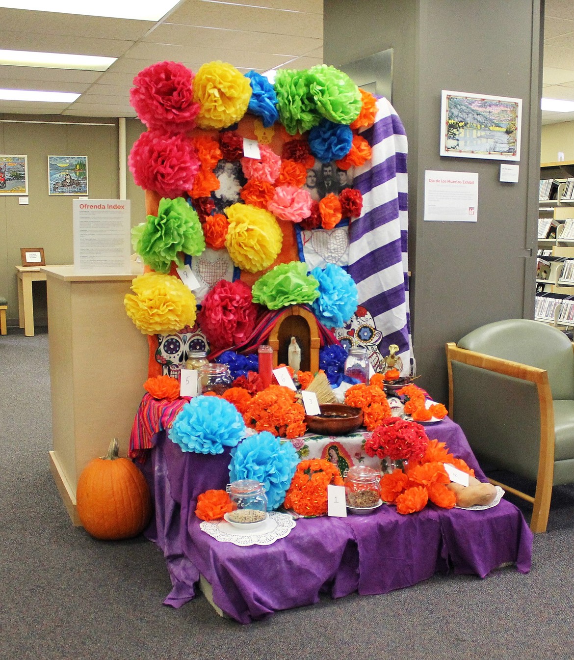 Día de los Muertos (Day of the Dead) exhibit by Jonny Ratka Skinner on display at ImagineIF Kalispell October 2021.