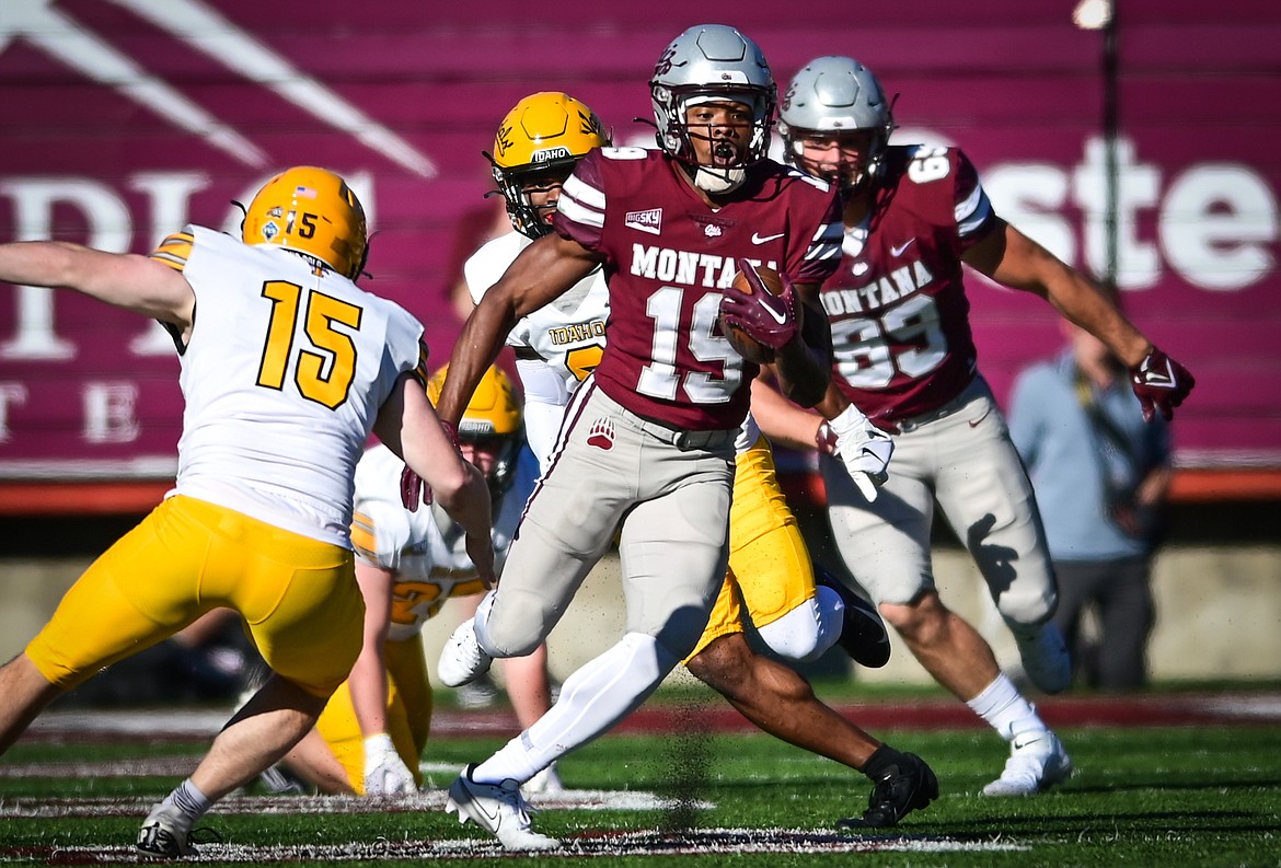 Montana kick returner Malik Flowers (19) looks for an opening on a return in the third quarter against Idaho at Washington-Grizzly Stadium on Saturday, Oct. 15. (Casey Kreider/Daily Inter Lake)