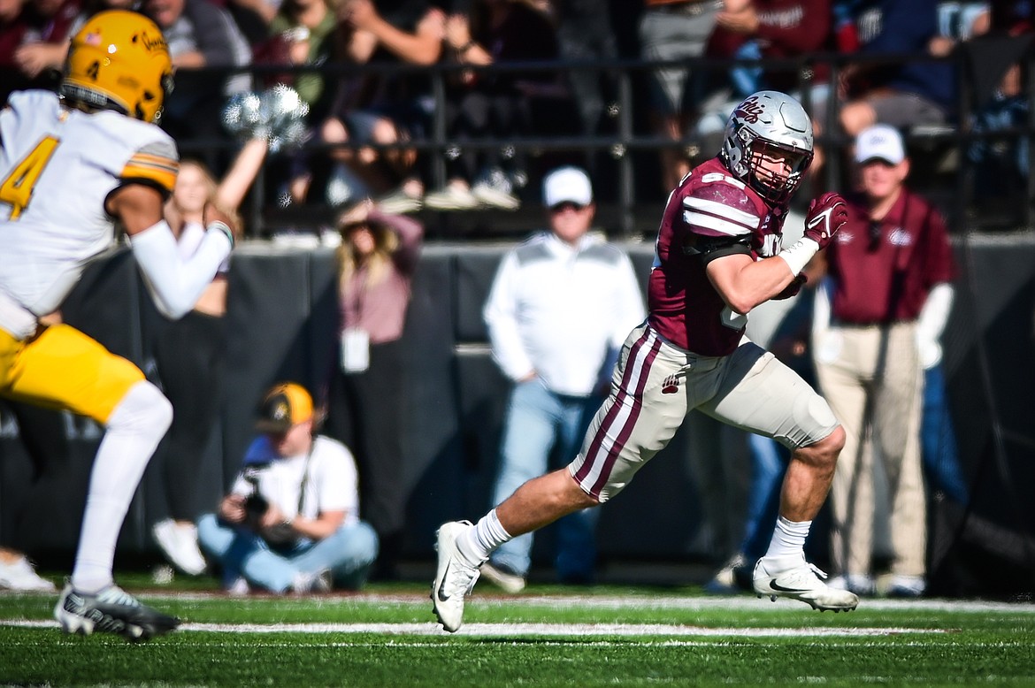 Montana linebacker Patrick O'Connell (58) returns an interception 42 yards in the second quarter against Idaho at Washington-Grizzly Stadium on Saturday, Oct. 15. (Casey Kreider/Daily Inter Lake)