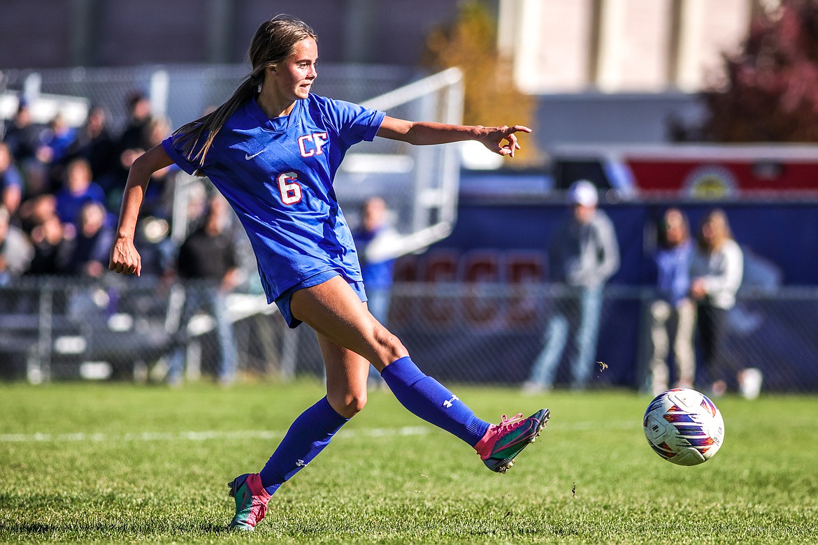 Columbia Falls freshman Mila Johns goes for the goal against Corvallis at Flip Darling Field in the State A quarterfinal on Saturday, Oct. 15. (JP Edge/Hungry Horse News)