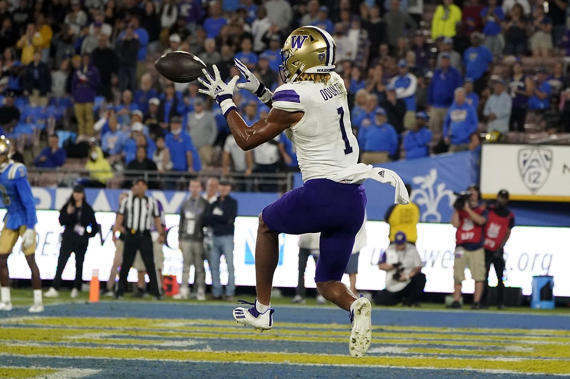 University of Washington receiver Rome Odunze catches a pass in the end zone in UW’s loss to UCLA. Odunze became the first receiver in UW history to post four-straight 100-yard receiving games. The UCLA loss was one of two so far this season, the other being to Arizona State. Overall, the passing game has been a strength for the Huskies this year.