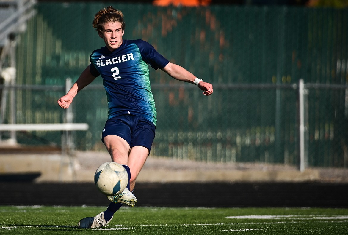 Glacier's Harrison Sanders (2) scores a goal in the first half against Flathead at Legends Stadium on Tuesday, Oct. 18. (Casey Kreider/Daily Inter Lake)