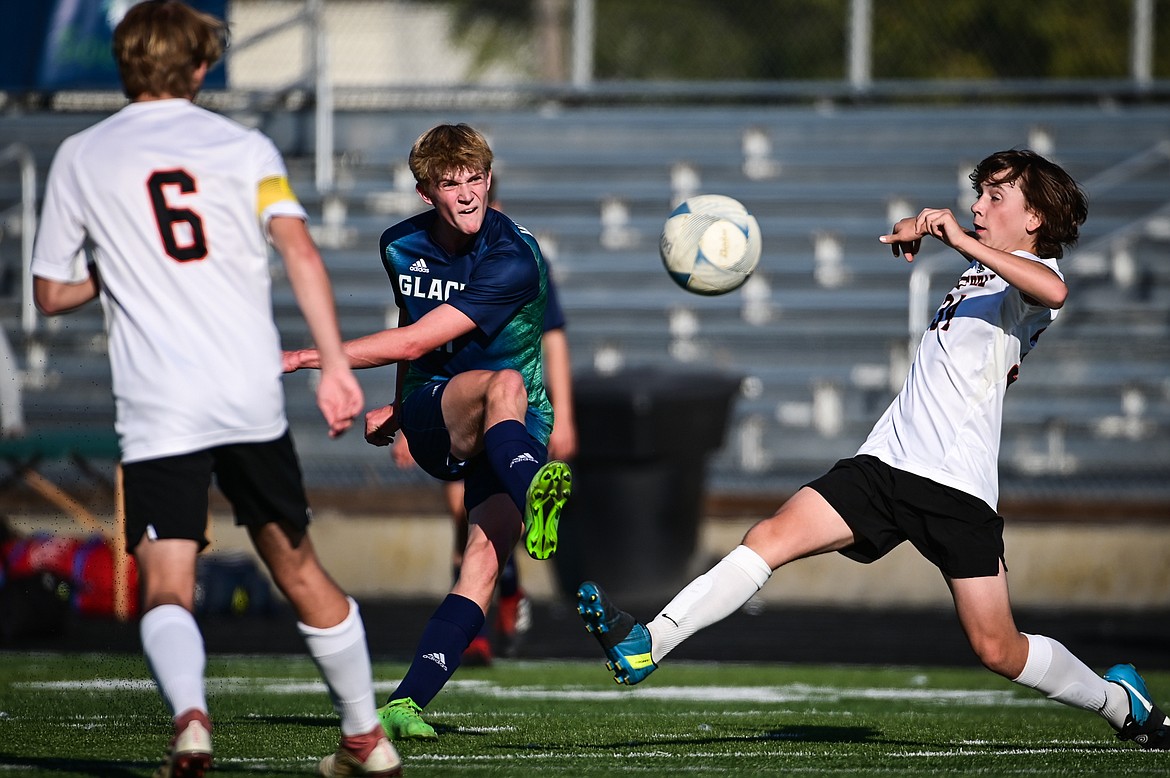 Glacier's Liam Ells (11) shoots in the first half against Flathead at Legends Stadium on Tuesday, Oct. 18. (Casey Kreider/Daily Inter Lake)