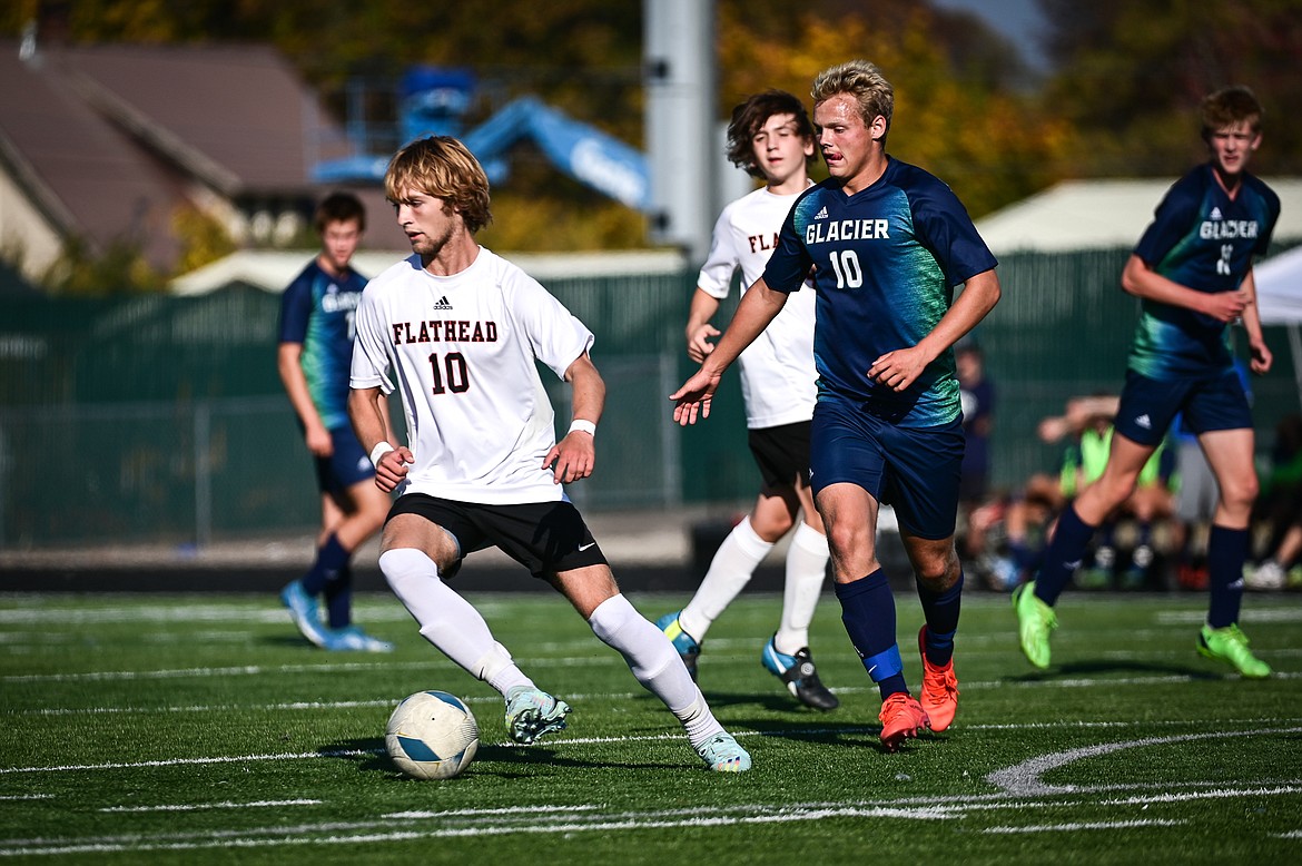 Flathead's Landen Saraceno (10) controls the ball against Glacier at Legends Stadium on Tuesday, Oct. 18. (Casey Kreider/Daily Inter Lake)