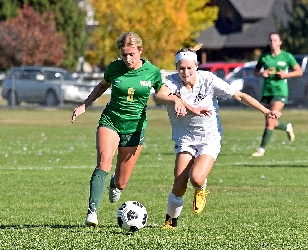 Whitefish's Sadie Olson heads toward goal against Laurel in the Class A quarterfinal playoff game on Saturday at Smith Fields. (Whitney England/Whitefish Pilot)