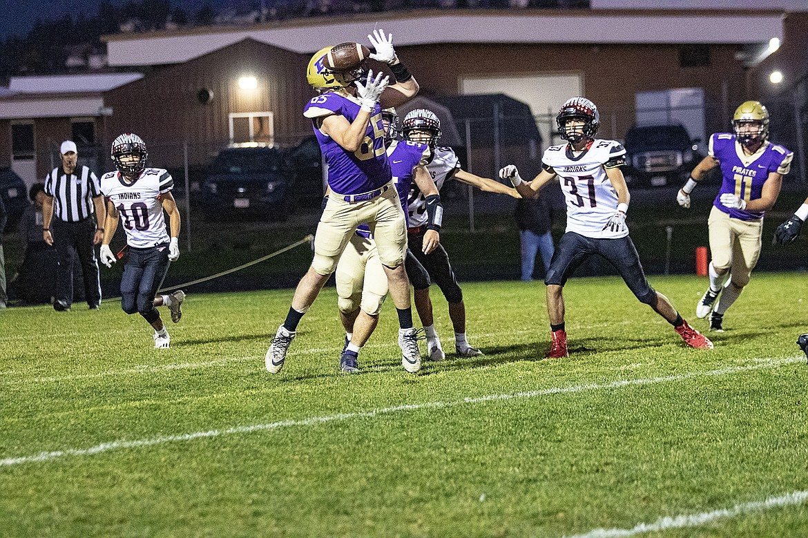 Polson Pirate Austin Oberwegner catches a blocked kick. (Rob Zolman/ Lake County Leader)