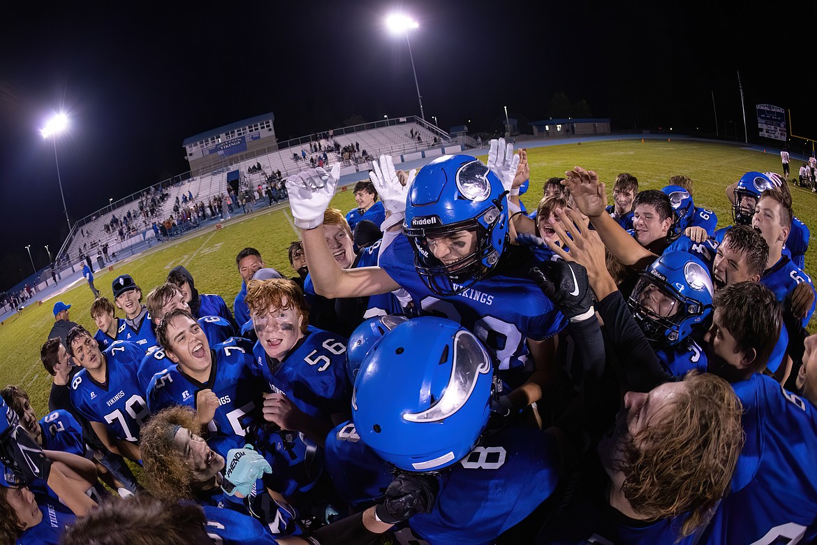 Photo by BUSCEMA PHOTOGRAPHY
Coeur d'Alene Viking junior varsity football players celebrate a tackle by linebacker Marcus Johnston (38, center) during a 51-0 victory over the Post Falls JV last week. Coeur d'Alene plays host to Lewiston on Thursday at 6 p.m. in their season finale.