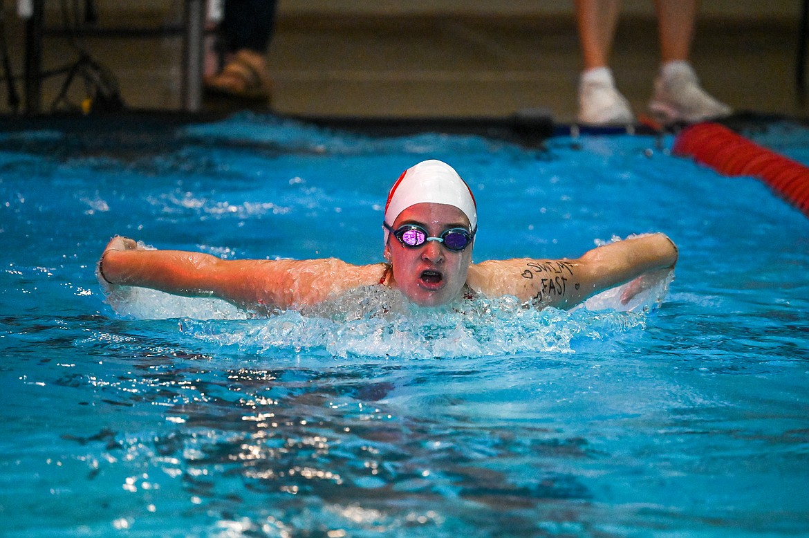 Sara Hogue competes in the fly during a swim meet at the Kroc Center this weekend.