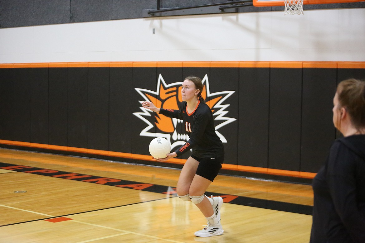 Junior Addison Mills looks on while serving in the third set of Ephrata’s 3-0 win over Prosser on Oct. 4.