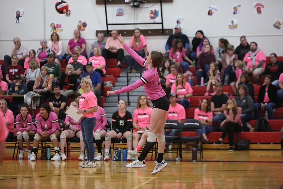 Bronco senior Taylor Galbreath serves the ball during the third set.