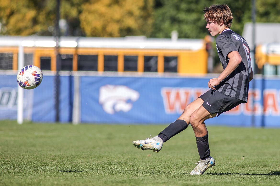 Senior Dale Blickhan takes a shot at Billings Central's goal on Oct. 15 at Flip Darling Field. (JP Edge/Hungry Horse News)