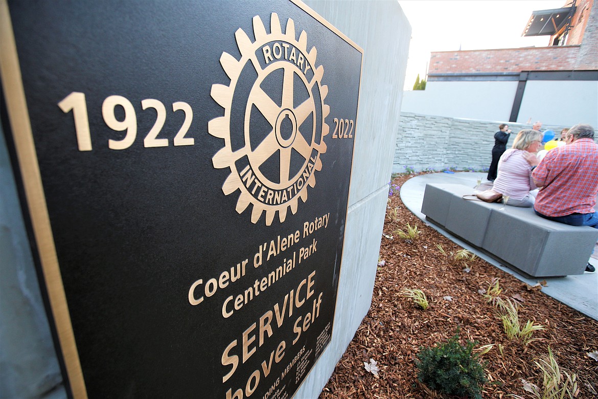 A plaque marks the spot of the Coeur d'Alene Rotary Centennial Park in downtown Coeur d'Alene on Wednesday.