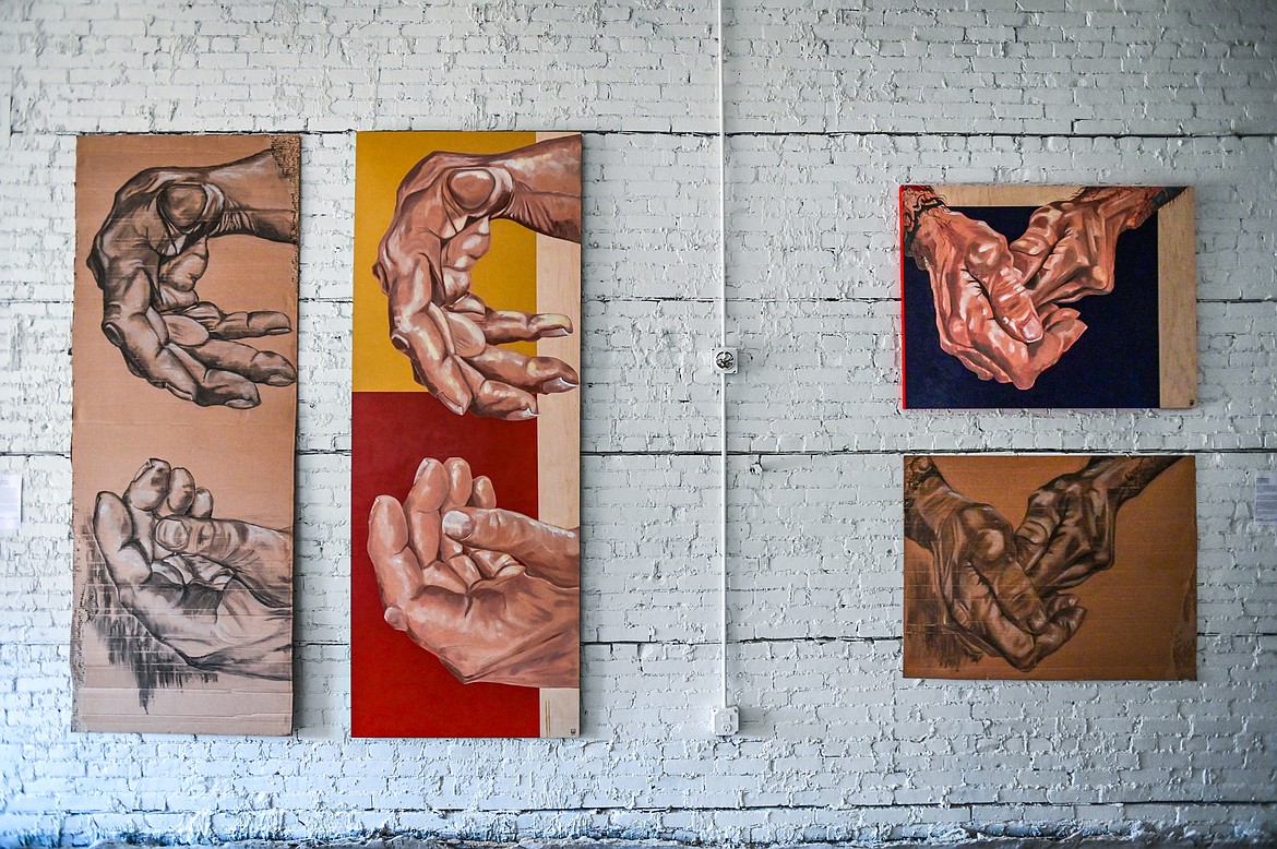 A selection of Jessy Hanson's pieces in her art exhibition titled “The Home We Carry: A Visual Anthology of the Unhoused” in Kalispell on Wednesday, Oct. 19. (Casey Kreider/Daily Inter Lake)
