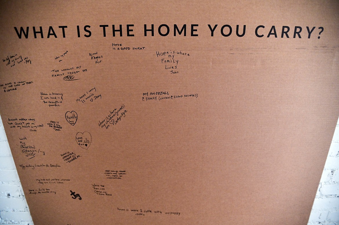A cardboard sheet where attendees can write their answer to the question "What is the home you carry?" at Jessy Hanson's art exhibition titled “The Home We Carry: A Visual Anthology of the Unhoused” in Kalispell on Wednesday, Oct. 19. (Casey Kreider/Daily Inter Lake)