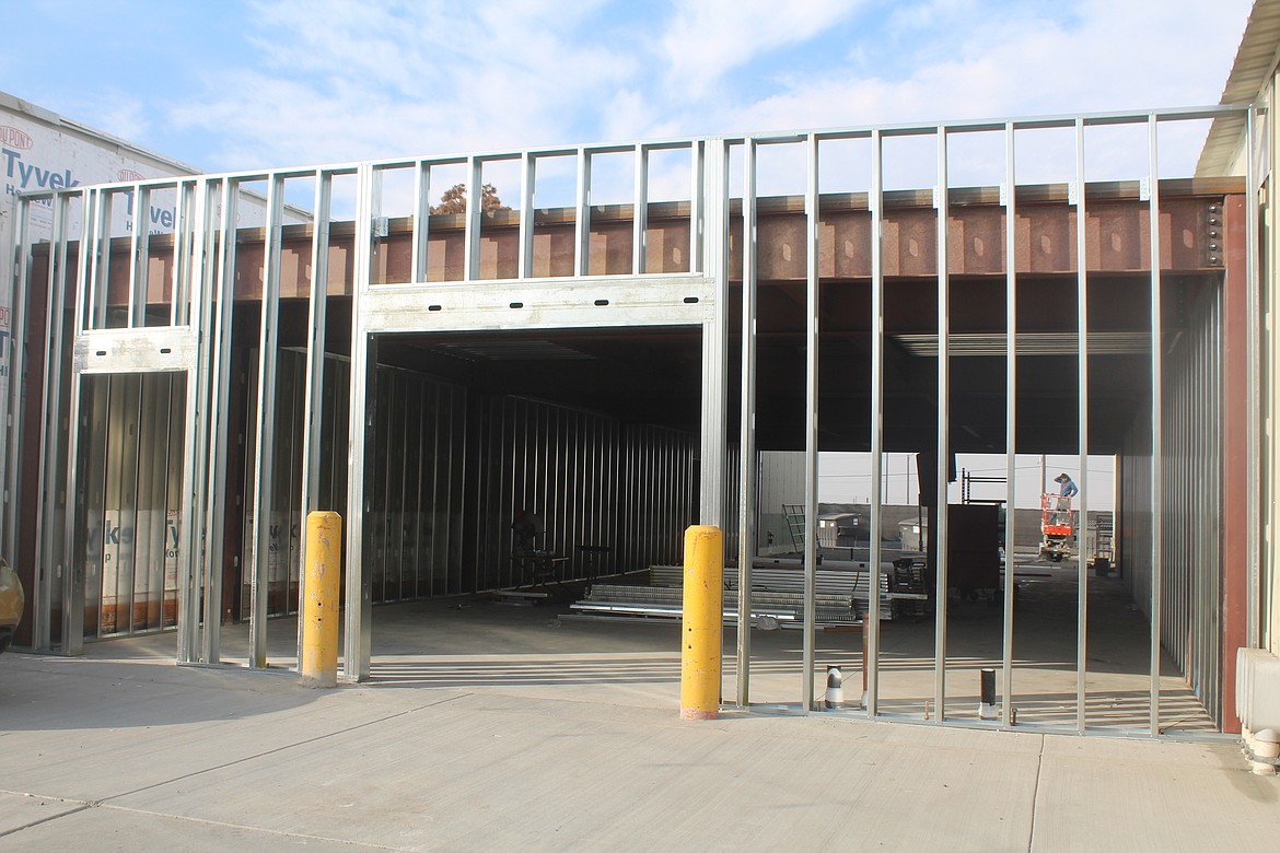 The framing is up for new bathrooms and storage space that also will serve to connect two buildings at the Grant County Fairgrounds.