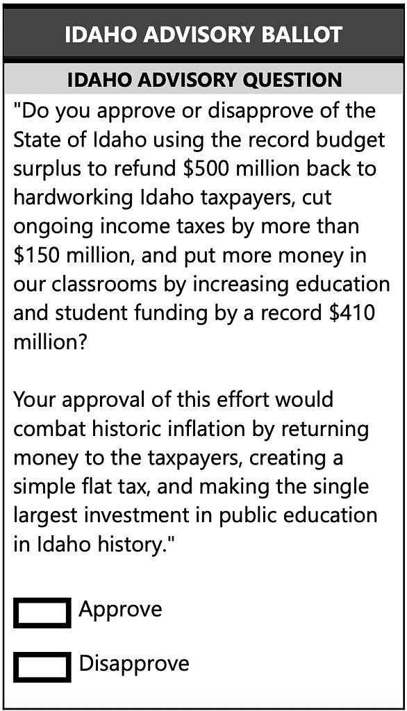 On the 2022 general election ballot, Idaho voters were asked whether they approve or disapprove of Gov. Brad Little and the Idaho Legislature’s law from the 2022 special session. (Courtesy of Ada County Elections Office)