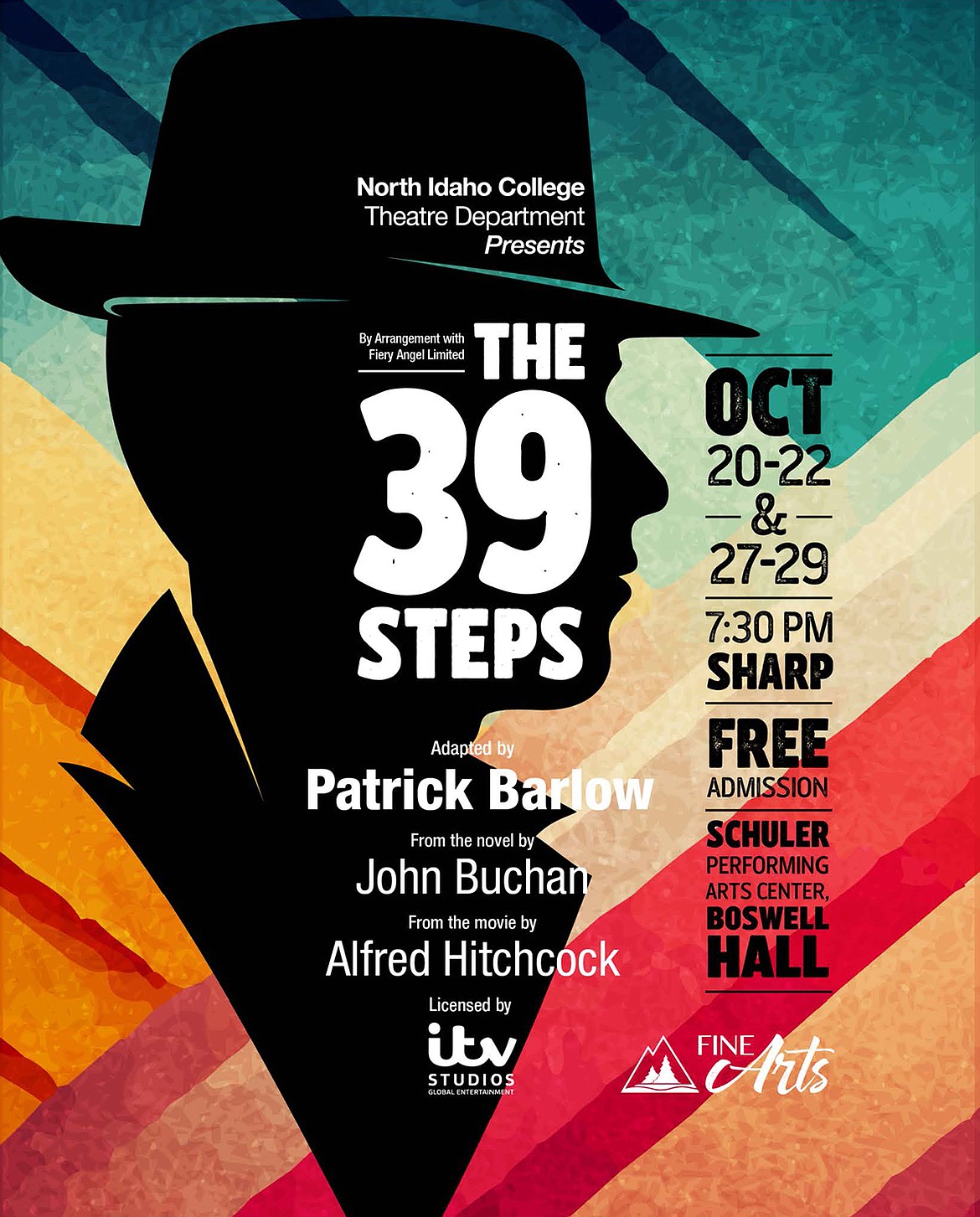 The North Idaho College Theatre Department will perform “The 39 Steps” at 7:30 p.m. Oct. 20 to 22 and Oct. 27 to 29 at the Boswell Hall Schuler Performing Arts Center at NIC’s main campus in Coeur d’Alene. All performances are free and open to the public.