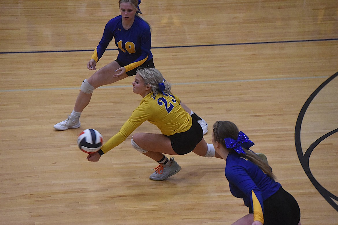 Libby senior Kinzee Boehmler goes for a dig against Eureka in the Battle of the Kootenai Saturday evening in Libby. (Scott Shindledecker/The Western News)