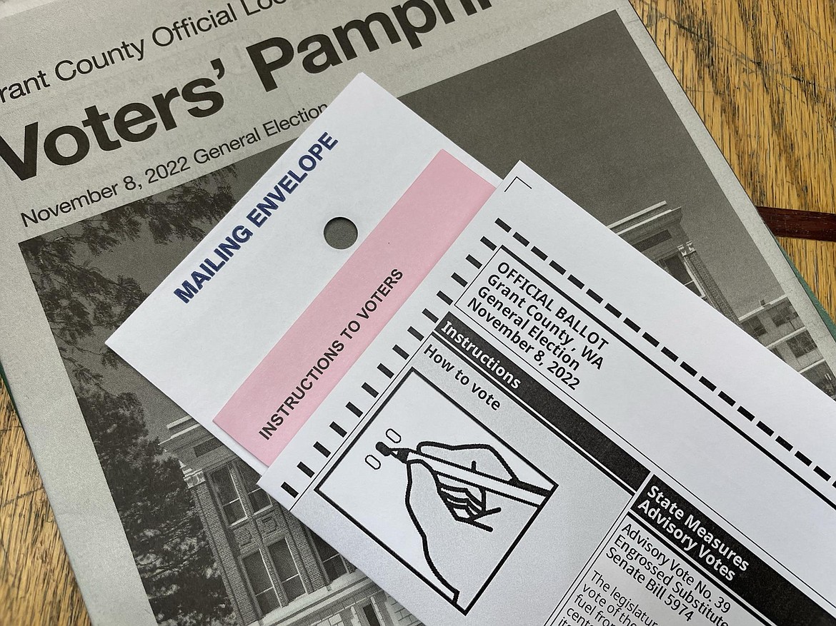 This November’s Grant County ballot with the pink security envelope and the white mailing envelope underneath. The ballot as folded when it was mailed out is larger than both the security envelope and the mailing envelope and will have to be refolded in order to be cast, according to Grant County Auditor Michele Jaderlund.