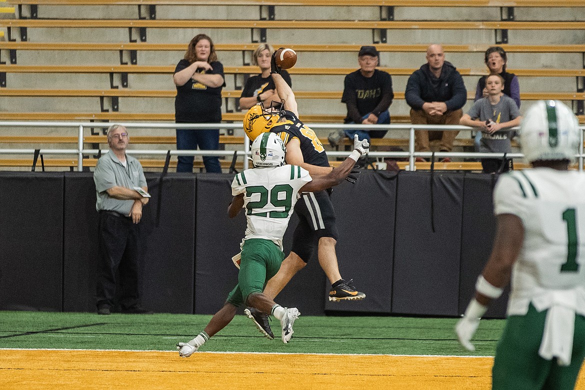 CODY ROBERTS/Idaho Athletics
Hayden Hatten of Idaho makes a one-handed touchdown catch in the second half, as Michael Jackson of Portland State defends on Saturday in Moscow.