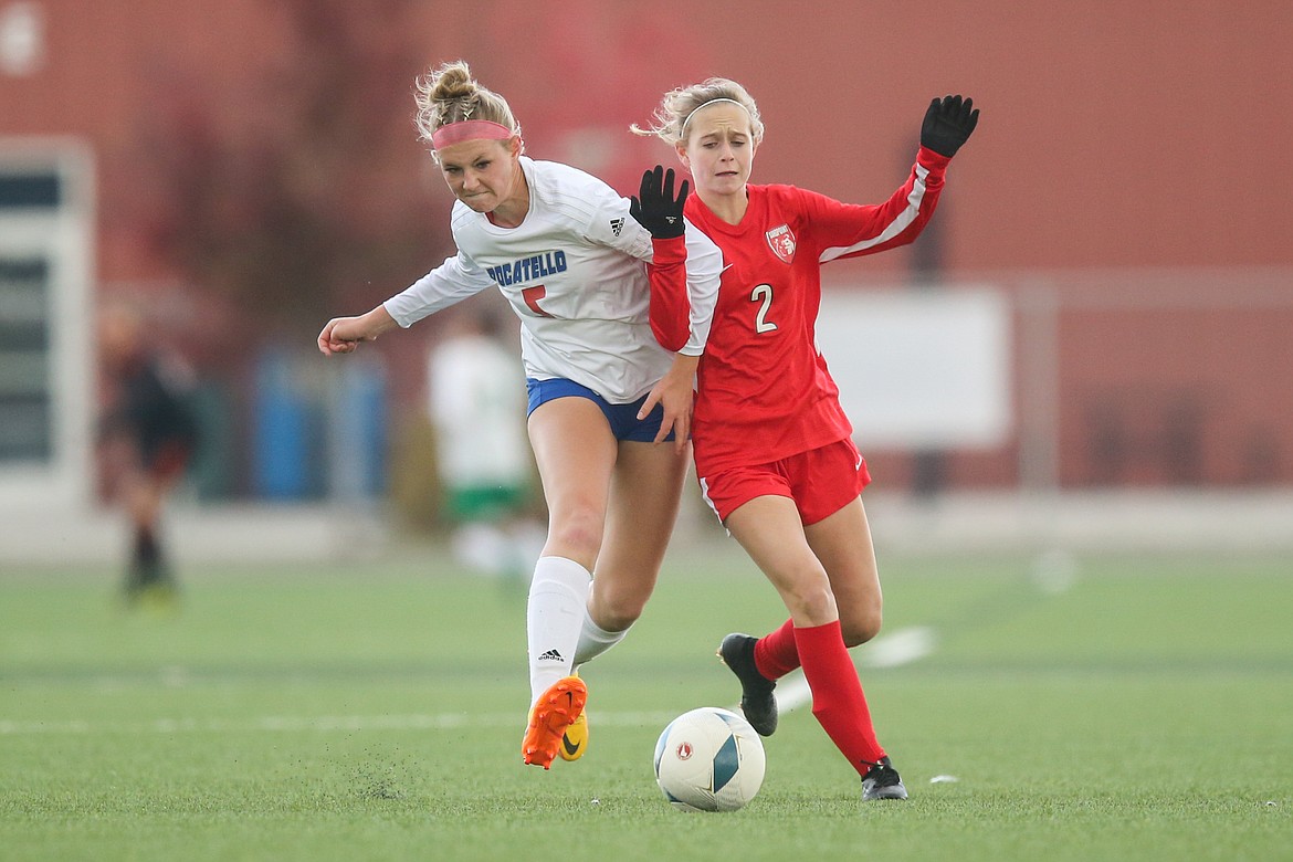 Marlee McCrum fights for the ball in Saturday's loss to Pocatello in the third-place game at the Idaho 4A State Soccer Tournament.