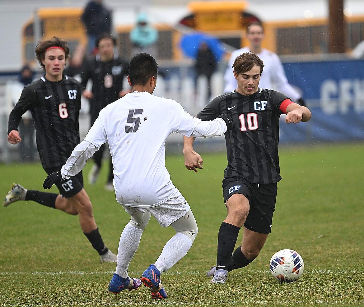 Columbia Falls' Kai Golan gets around a Loyola defender Saturday at Flip Darling Field in a state A soccer semifinal match on Saturday, Oct. 22. (Chris Peterson photo)