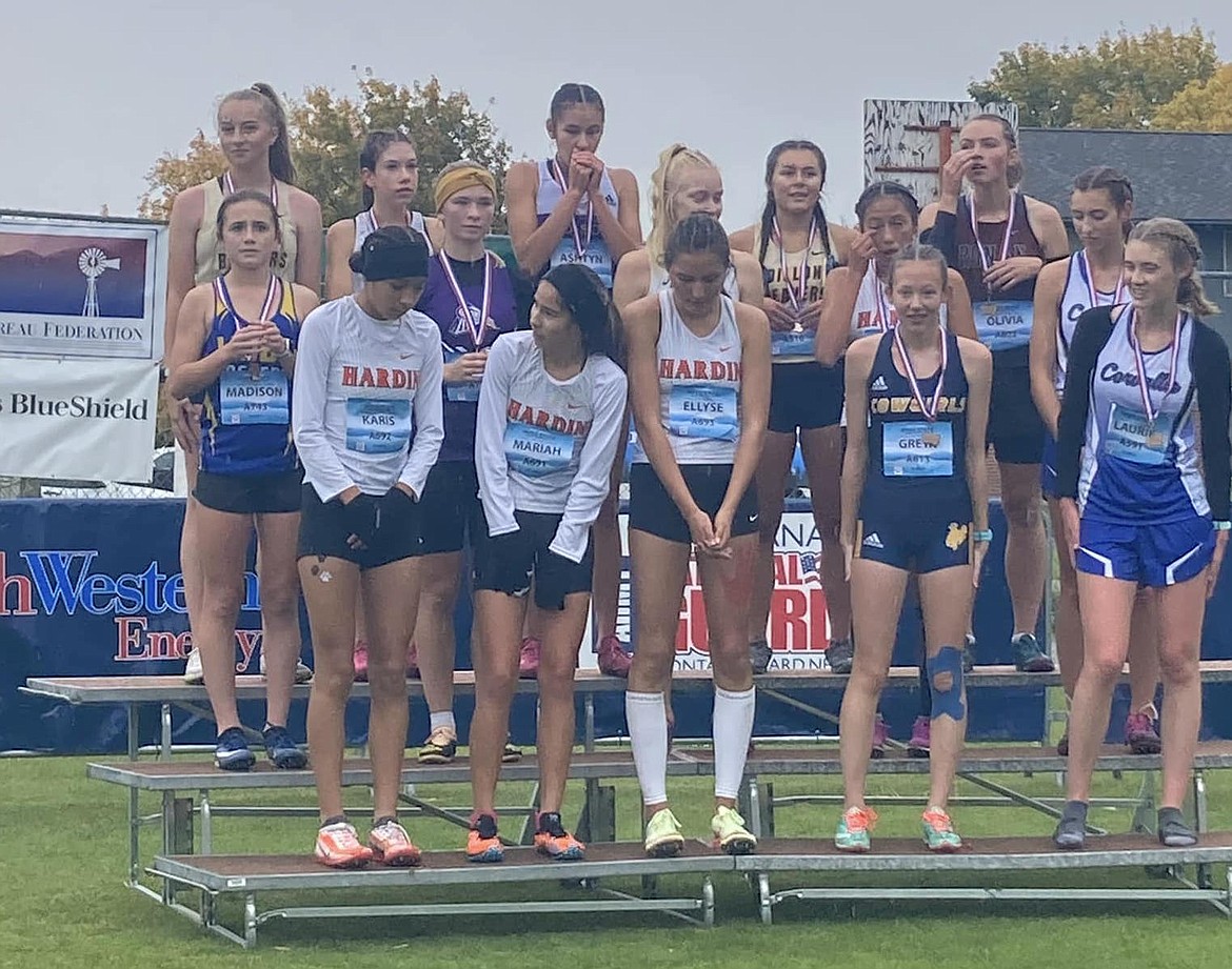 Libby sophomore cross country runner Madison Vincent, second row, far left, wears her medal for a sixth-place finish at the Montana State Class A Championships on Saturday, Oct. 22 in Missoula. It's the best finish for a Loggers female runner in at least 25 years. (Photo courtesy Libby Public Schools)