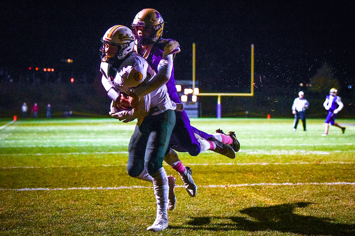 Whitefish wide receiver Mason Kelch (10) catches a pass for a touchdown in the second quarter against Polson at Polson High School on Friday, Oct. 21. (Casey Kreider/Daily Inter Lake)