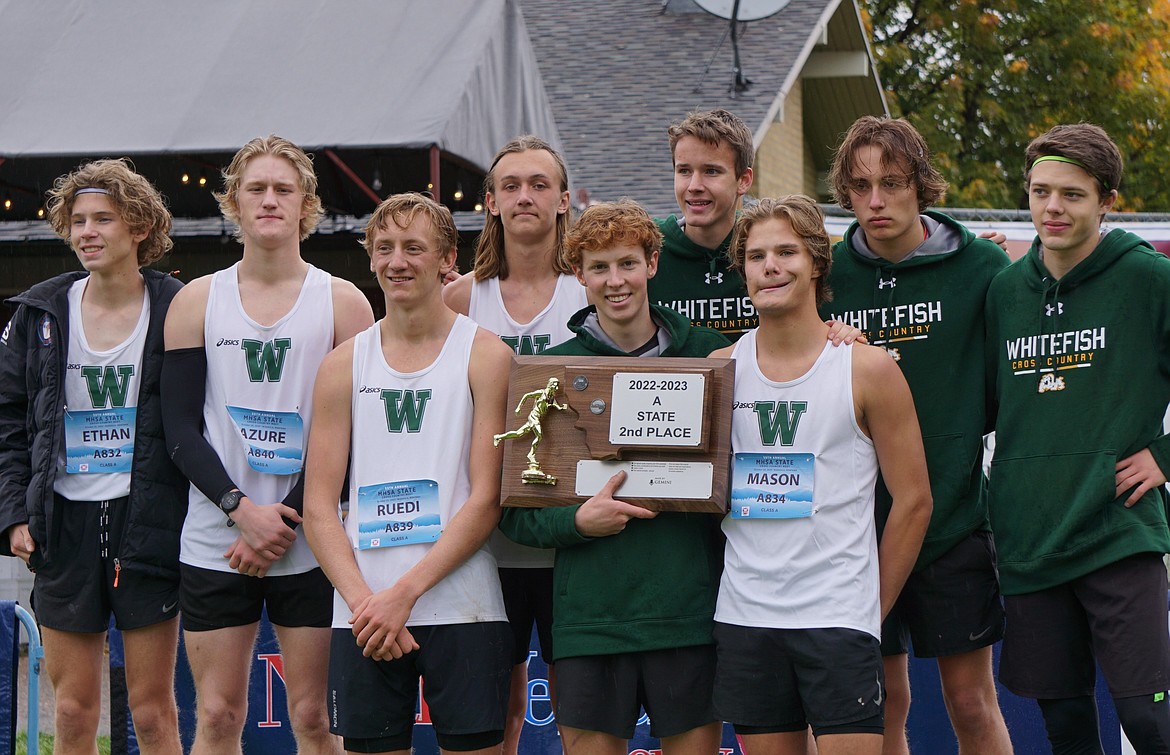 The Whitefish Bulldogs with their state trophy. From left to right: Ethan Amick, Azure Stolte, Ruedi Steiner, Zachary Chiarito, Nate Ingelfinger, Bowdrie Krack, Mason Genovese, Deneb Linton, Henry Seigmund. (Photo courtesy Matt Weller)