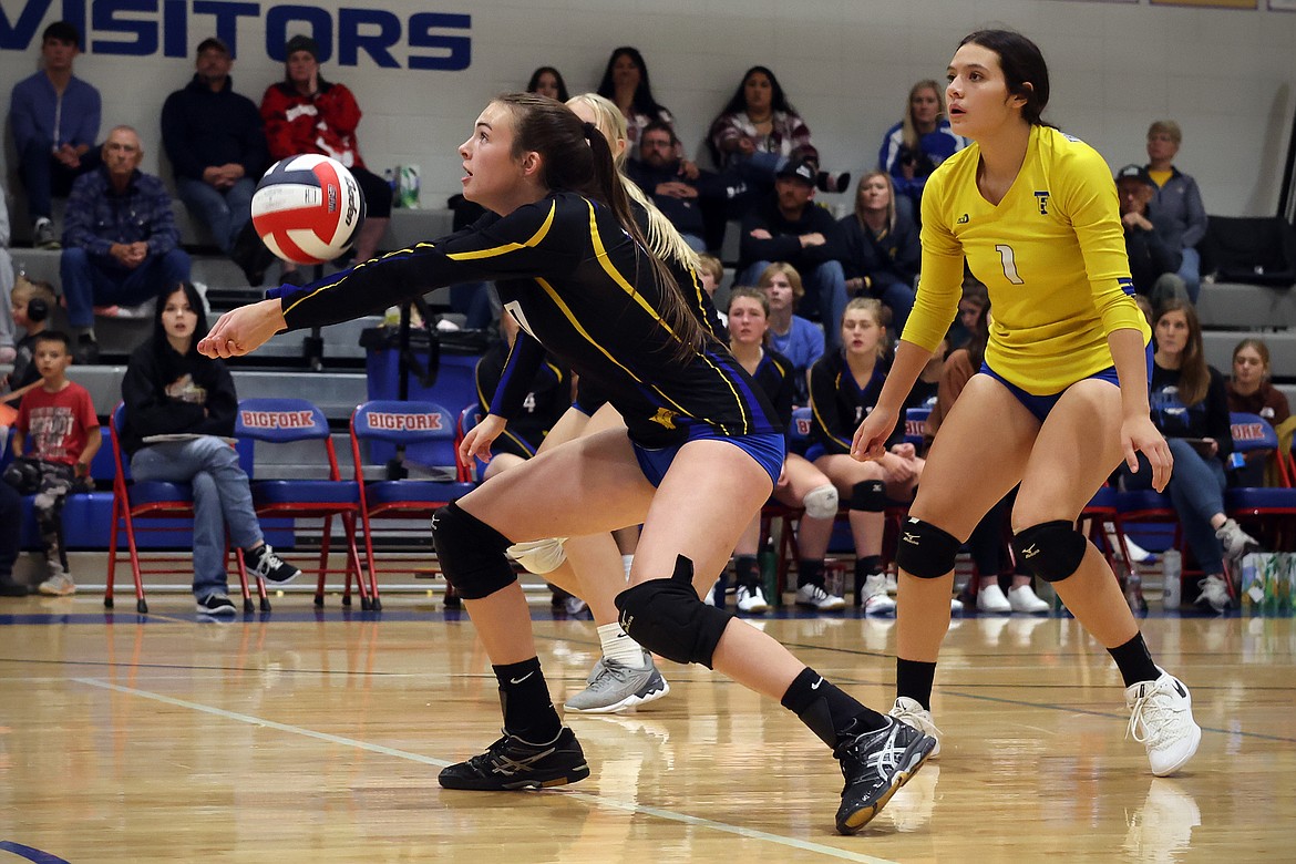 Ellie Baxter keeps the ball alive during the Lady Blue Hawks match at Bigfork Saturday. (Jeremy Weber/Daily Inter Lake)