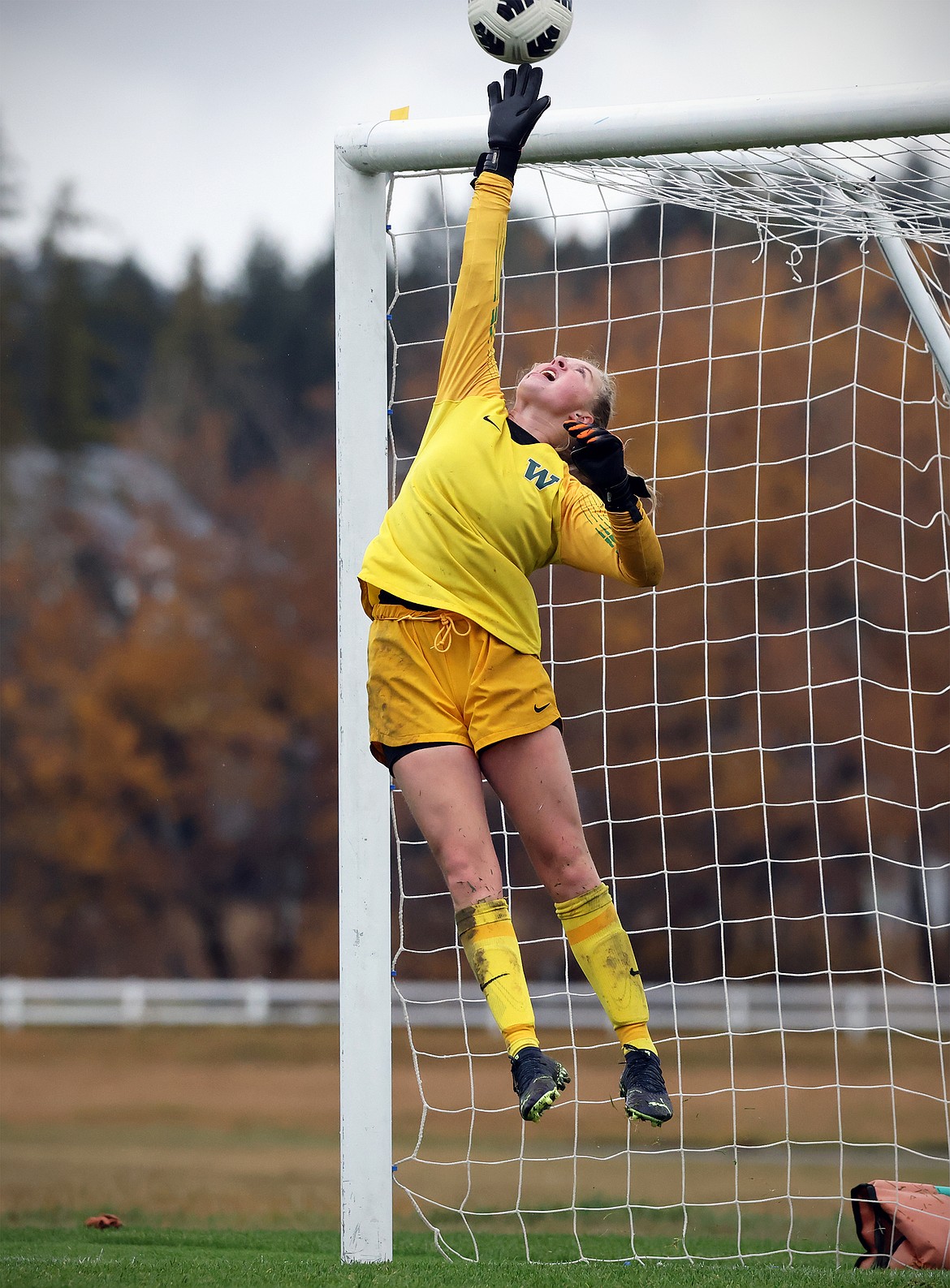 Whitefish keeper Norah Schmidt knocks away a Hamilton shot during the second half of the State A semi-finals Saturday. (Jeremy Weber/Bigfork Eagle)