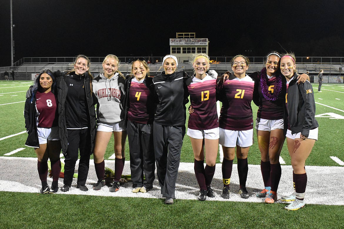 The Moses Lake High School Mavericks girls soccer team. From left to right Adriana Portillo, Renata Arizcun Gonzalez, Alice Timmerklev, Joelee Green, Julia Lundberg, Bailey Riche, Abril Rodriquez, Anna Ribellia and Jazzlyn Gonzalez.