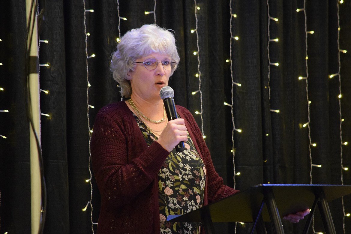 Crossroads Pregnancy Resource Center CEO Carol Knopp speaking at the organization’s annual fundraising banquet at the Grant County Fairgrounds on Saturday.