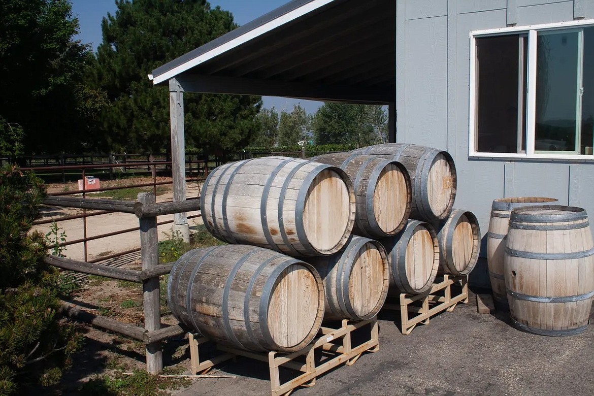 Wine barrels sit outside at Willow Mountain Winery in Corvallis, Montana. (Photo courtesy of Lena Beck)