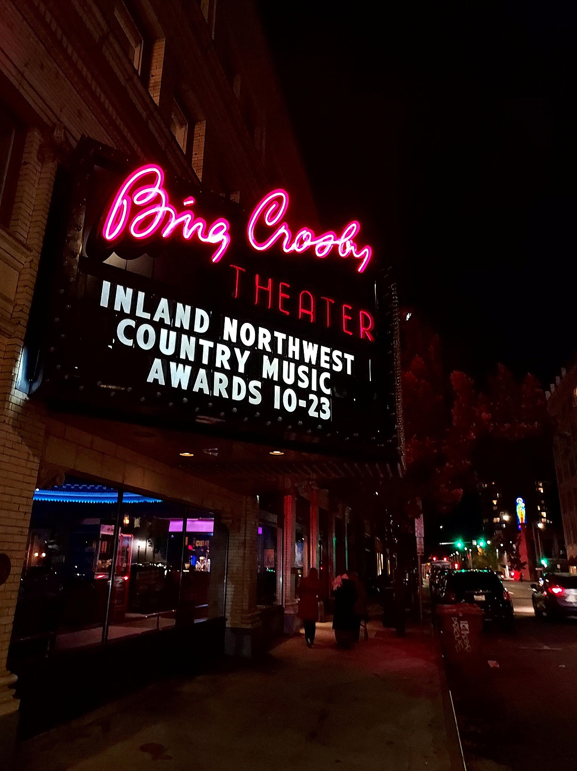 The marquee sign of the Bing Crosby Theater showcasing the Inland Northwest County Music Awards event on Oct. 23.