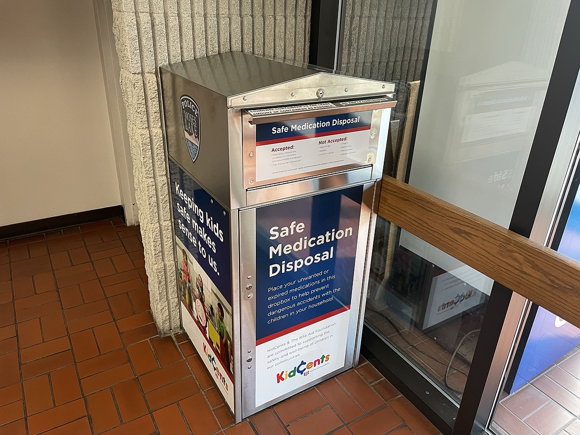 The prescription drug drop-off box in the lobby of the Moses Lake Police Department at 411 S. Balsam St. The U.S. Drug Enforcement Agency has declared Saturday, Oct. 29, National Drug Take Back Day, and is working with law enforcement agencies across the country to give people a chance to clean out their medicine cabinets of old, surplus and expired prescription medications. The MLPD drop-off box, and a similar box in the Ephrata City Hall at 121 S. Alder St., are accessible year-round.